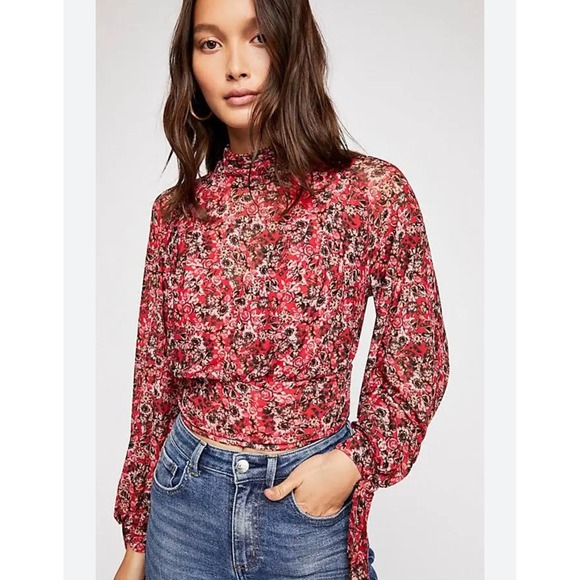 Free People Tops - Free People Red Floral Mesh Mock Neck Long Sleeve Cropped Top Sheer